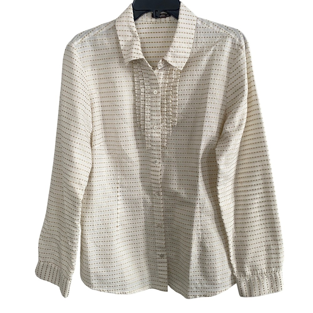 J.McLaughlin Womens Gold Metallic Pleated Button Down Shirt Sz 12 Office Capsule